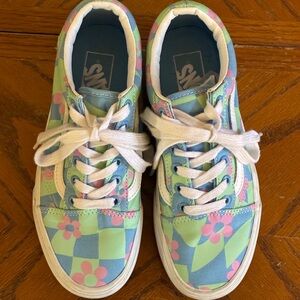 Vans Platform Sneakers - Green and Pink/Purple Floral Checkered